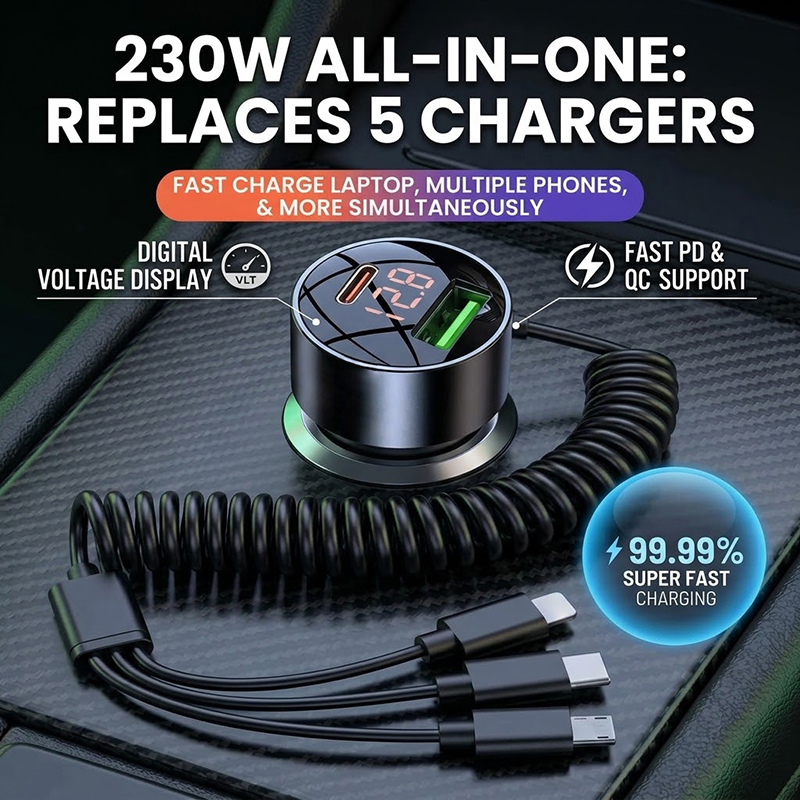 3-in-1 Coiled Car Charger with - Laptop Charger recension och pris